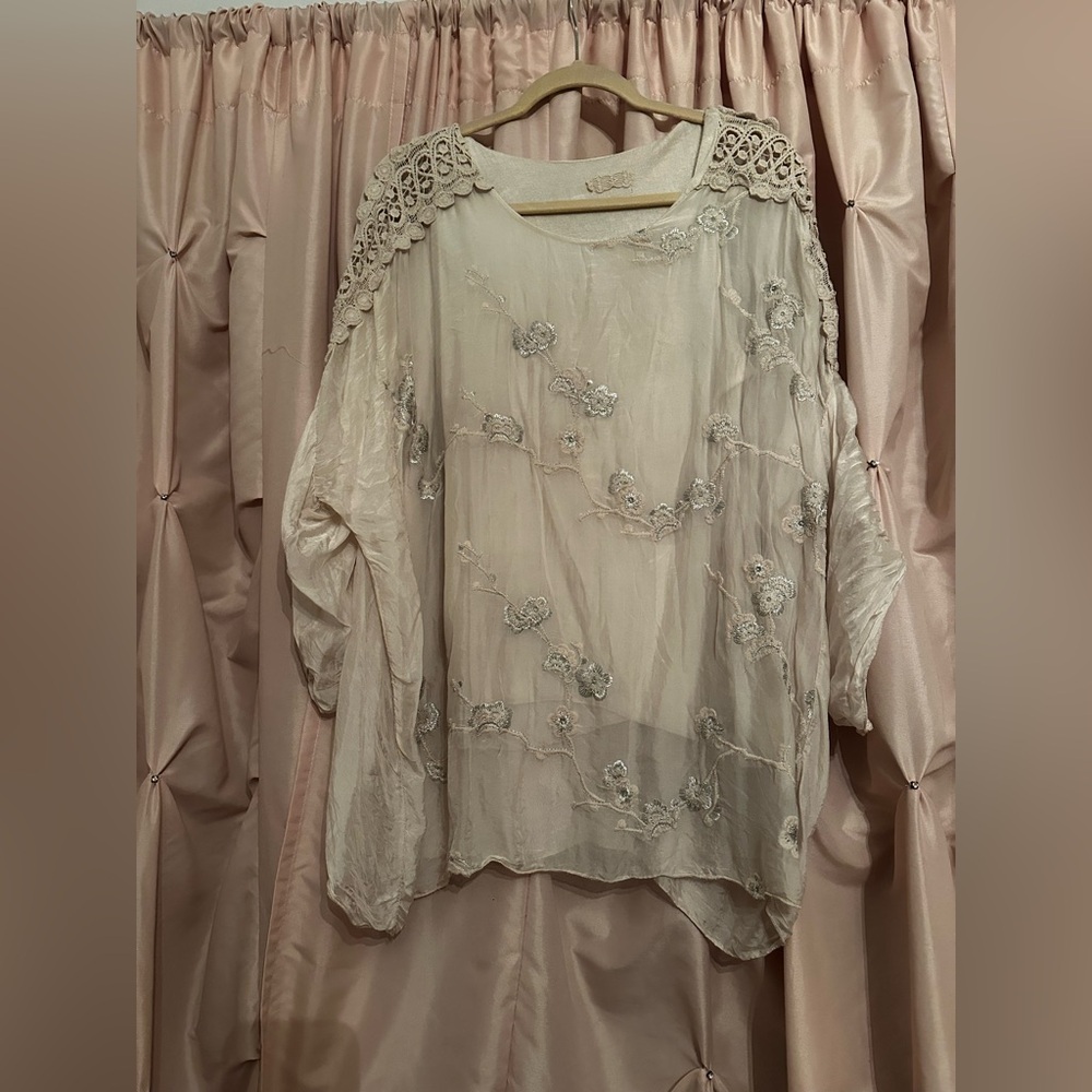 Made in Italy viscose silk blouse top L XL embroidered crochet cream beige